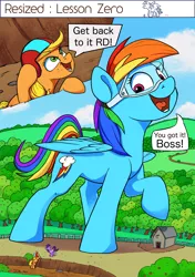 Size: 2000x2847 | Tagged: safe, artist:tsitra360, derpibooru import, part of a set, applejack, rainbow dash, twilight sparkle, earth pony, pegasus, pony, unicorn, comic:resized - lesson zero, lesson zero, comic, dialogue, female, giant pony, goggles, macro, parody, part of a series, scene parody, smiling, unicorn twilight