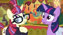 Size: 1920x1080 | Tagged: safe, derpibooru import, screencap, moondancer, twilight sparkle, twilight sparkle (alicorn), alicorn, pony, unicorn, the point of no return, bag, clothes, duo, female, glasses, mare, saddle bag, sweater, the tasty treat