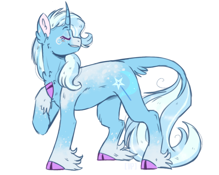 Size: 963x768 | Tagged: safe, artist:wanderingpegasus, derpibooru import, trixie, classical unicorn, pony, unicorn, cloven hooves, curved horn, eye markings, eyes closed, female, horn, leonine tail, mare, smiling, solo, unshorn fetlocks