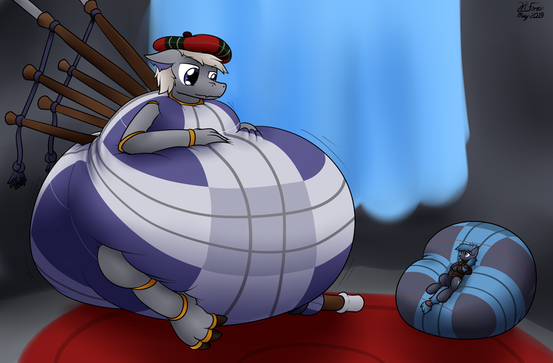 Size: 3107x2038 | Tagged: safe, artist:the-furry-railfan, derpibooru import, oc, oc:hylund, oc:night strike, unofficial characters only, original species, pegasus, bagpipe dragon, cave, clothes, curtains, cushion, hat, inflation, jacket, plaid, rug, squishy, story included, tam o' shanter, tartan