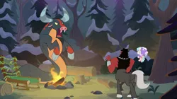Size: 2100x1180 | Tagged: safe, derpibooru import, screencap, cozy glow, lord tirek, centaur, ophiotaurus, pegasus, pony, frenemies (episode), butt, campfire, chair, clothes, cloven hooves, cozy glutes, female, filly, foal, forest, hat, male, night, open mouth, pine tree, plot, tirump, tree, trio, winter outfit