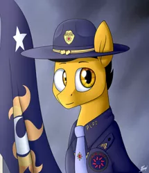 Size: 582x676 | Tagged: safe, artist:thepascaal, derpibooru import, oc, oc:darren cuffs, pony, campaign hat, chevrons, dress uniform, flag, hat, necktie, patch, police, police officer, police uniform