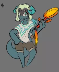 Size: 580x712 | Tagged: artist:invertigo, backpack, clothes, colored, cyoa:scrolls and trolls, derpibooru import, dragon, female, flat colors, frying pan, horns, oc, oc:charca, pants, poncho, safe, unofficial characters only