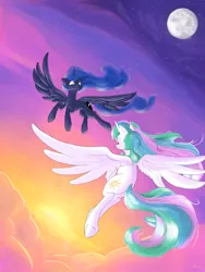 Size: 3750x5000 | Tagged: safe, artist:rocket-lawnchair, artist:sonicontinuum, derpibooru import, princess celestia, princess luna, alicorn, pony, cloud, duo, evening, female, flying, full moon, high res, mare, missing accessory, moon, night, royal sisters, siblings, sisters, sky, smiling, spread wings, stars, sun, wings