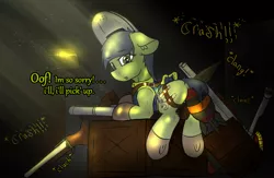 Size: 1847x1205 | Tagged: safe, artist:scarrly, derpibooru import, oc, oc:scotch tape, earth pony, pony, fallout equestria, fallout equestria: project horizons, belt, dialogue, double barreled shotgun, fallout, fanfic art, flame thrower, flamer, grenade launcher, gun, mini nuke, rpg, smol, solo, utility belt, weapon, welding mask