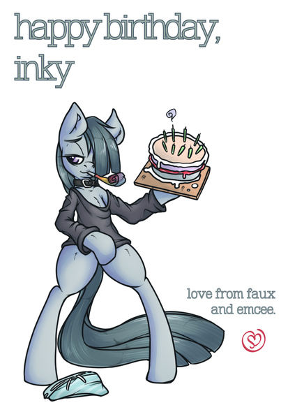 Size: 3333x4583 | Tagged: artist:lilfaux, bipedal, blue underwear, cake, choker, clothes, derpibooru import, food, happy birthday, hoodie, lonely inky, marble pie, panties, safe, solo, striped underwear, underwear