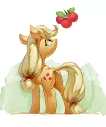 Size: 1253x1500 | Tagged: safe, artist:jotun22, derpibooru import, applejack, earth pony, pony, apple, butt, female, food, looking at something, looking up, mare, obligatory apple, plot, solo