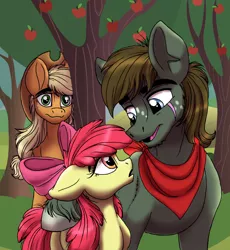 Size: 5100x5544 | Tagged: safe, artist:celestial-rainstorm, derpibooru import, apple bloom, applejack, oc, oc:ash bark, pony, apple, apple tree, male, parent:burnt oak, stallion, tree