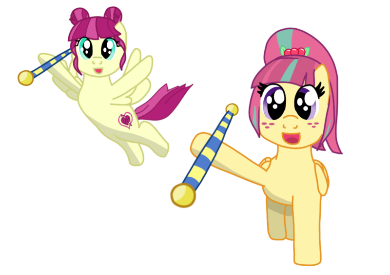 Size: 1008x710 | Tagged: safe, artist:fskindness, derpibooru import, majorette, sour sweet, sweeten sour, ponified, pony, equestria girls, baton, cheerleader, equestria girls ponified, female, flying, freckles, siblings, sisters, smiling at you, sweetly and sourly, twin sisters