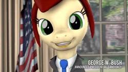 Size: 854x480 | Tagged: safe, derpibooru import, screencap, oc, oc:canni soda, pony, 3d, american flag, clothes, female, flag, george w. bush, mare, politics, smiling, source filmmaker, suit