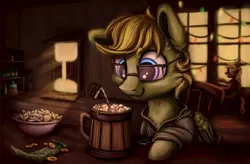 Size: 2765x1819 | Tagged: safe, artist:sharimapic, derpibooru import, oc, oc:donnik, earth pony, pony, appleloosa, cider, commission, glasses, pub, sunshine, western, ych result, your character here