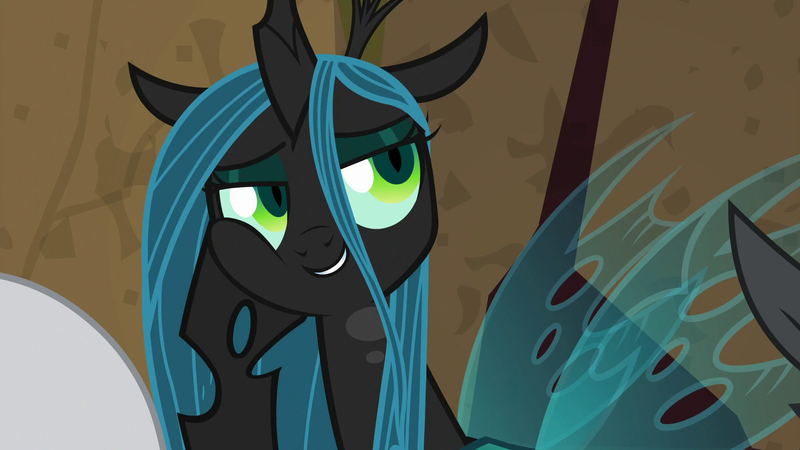 Size: 1920x1080 | Tagged: better way to be bad, changeling, changeling queen, crown, cute, cutealis, derpibooru import, evil grin, evil lair, eyeshadow, female, former queen chrysalis, frenemies (episode), grin, grogar's lair, hoof on cheek, insect wings, jewelry, lair, lord tirek, makeup, queen chrysalis, regalia, safe, screencap, sideways glance, singing, slit eyes, smiling, solo focus, spread wings, squishy cheeks, wings