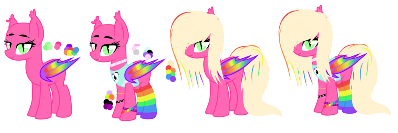 Size: 15615x5242 | Tagged: safe, artist:celestial-rue0w0, artist:darkjillmlp123, derpibooru import, oc, oc:punky pop, unofficial characters only, bat pony, pony, base used, bat pony oc, bat wings, blank flank, bracelet, choker, clothes, fangs, female, hair over one eye, jewelry, mare, rainbow socks, reference sheet, scene kid, shirt, simple background, socks, solo, spiked choker, spiked wristband, striped socks, t-shirt, transparent background, wings, wristband