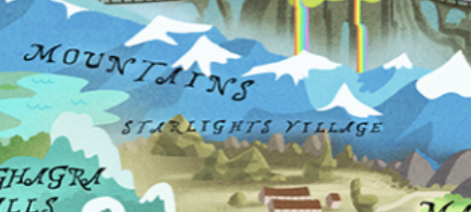 Size: 434x196 | Tagged: derpibooru import, edit, editor:undeadponysoldier, gameloft, lake, map of equestria, mountain, mountain range, no pony, our town, rainbow, rainbow falls (location), safe, screencap, snowy mountain, starlight's village, village, water, waterfall