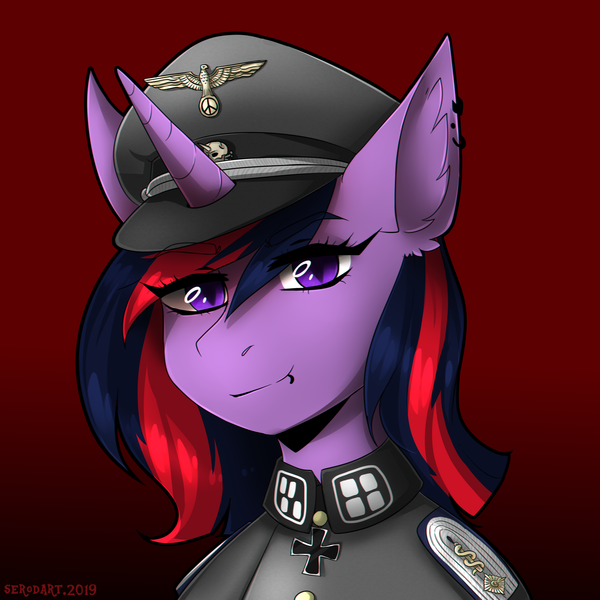 Size: 2000x2000 | Tagged: safe, artist:serodart, derpibooru import, oc, oc:lina phantom, unofficial characters only, pony, unicorn, bust, clothes, horn, hugo boss, looking at you, nazi, nazi germany, nazi uniform, nazipone, not twilight sparkle, portrait, solo, unicorn oc, uniform