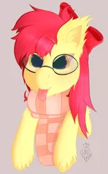 Size: 2000x3200 | Tagged: safe, artist:batsdisaster, derpibooru import, apple bloom, bat pony, pony, bat ponified, clothes, fangs, female, glasses, race swap, scarf, tongue out