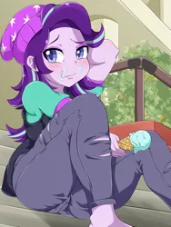 Size: 1200x1600 | Tagged: suggestive, artist:umejiru, derpibooru import, starlight glimmer, equestria girls, mirror magic, spoiler:eqg specials, adorkable, ass, barefoot, blushing, butt, cameltoe, clothes, cute, dork, feet, female, food, hat, ice cream, pants, panty line, sitting, smiling, solo