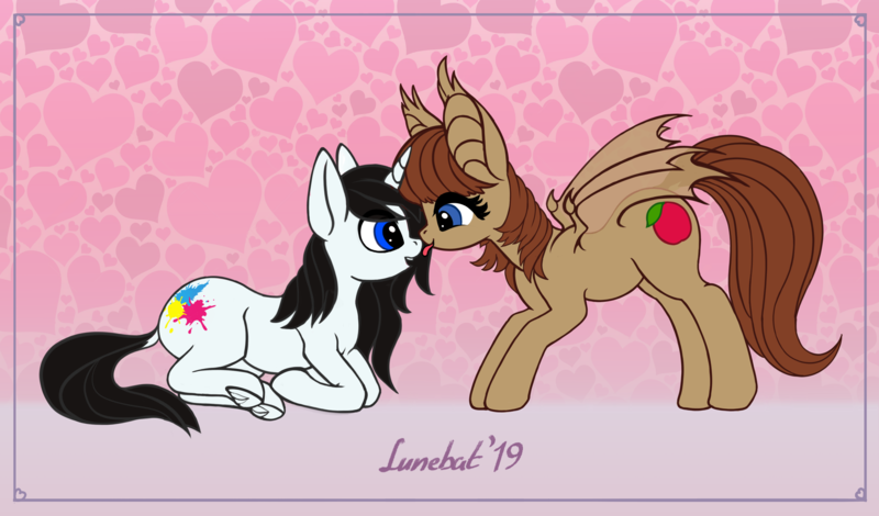 Size: 3466x2035 | Tagged: safe, artist:lunebat, derpibooru import, oc, oc:leesys, oc:lunette, bat pony, pony, unicorn, bat pony oc, bat wings, female, gift art, horn, licking, mare, tongue out, unicorn oc, wings