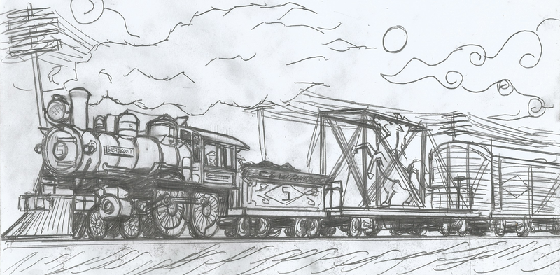 Size: 2188x1076 | Tagged: safe, artist:newman134, derpibooru import, human, equestria girls, 1900s, early 20th century, fanfic idea, hand drawing, human world, monochrome, no pony, pencil drawing, scenery, steam locomotive, telegraph poles, traditional art, train, vehicle, wondercolts statue