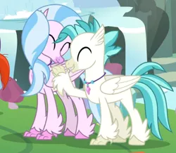 Size: 1082x943 | Tagged: brother and sister, cropped, cute, derpibooru import, diastreamies, eyes closed, female, hippogriff, hug, jewelry, male, necklace, offscreen character, safe, screencap, siblings, silverstream, smiling, student counsel, sunburst, terrabetes, terramar, wings