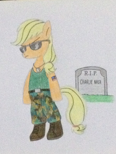 Size: 2448x3264 | Tagged: safe, artist:don2602, derpibooru import, applejack, earth pony, semi-anthro, boots, capcom, clothes, crossover, dog tags, gravestone, guile, implied death, serious, serious face, shoes, solo, street fighter, sunglasses, tattoo, traditional art, us flag
