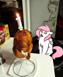 Size: 640x776 | Tagged: safe, artist:sugar morning, derpibooru import, oc, oc:sugar morning, unofficial characters only, bird, chicken, pegasus, pony, candle, chicken meat, female, food, fried chicken, implied ponies eating meat, irl, mare, meat, open mouth, photo, ponified animal photo, sitting, solo