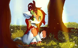 Size: 2000x1250 | Tagged: safe, artist:lunar froxy, derpibooru import, oc, oc:qc, unofficial characters only, kirin, eye clipping through hair, female, forest, grass, kirin oc, kirinified, looking back, mare, patreon, patreon reward, species swap, tree, underhoof