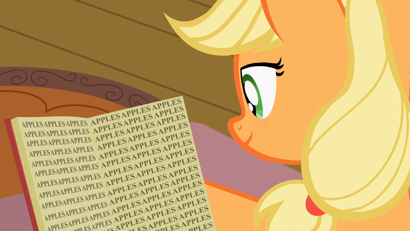 Size: 1920x1080 | Tagged: apple, applejack, applenese, artist:forgalorga, book, derpibooru import, everypony is strange, food, reading, safe, smiling, text, that pony sure does love apples, tl;dr, youtube link