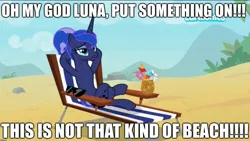 Size: 2048x1152 | Tagged: safe, derpibooru import, edit, edited screencap, screencap, princess luna, pony, between dark and dawn, beach, beach chair, bendy straw, caption, cartoonito logo, cocktail umbrella, drink, drinking straw, excessive exclamation marks, female, food, fruit, hooves behind head, image macro, implied nudity, lewd, mare, pineapple, solo, straw, strawberry, sunbathing, sunglasses, text, we don't normally wear clothes