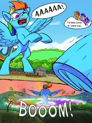 Size: 2000x2668 | Tagged: safe, artist:tsitra360, derpibooru import, part of a set, applejack, rainbow dash, twilight sparkle, earth pony, pegasus, pony, unicorn, comic:resized - lesson zero, lesson zero, aaaaaaaaaa, comic, destruction, dialogue, giant pony, goggles, helmet, macro, open mouth, parody, part of a series, rearing, scene parody, sonic rainboom, speech bubble, sweet apple acres, underhoof, unicorn twilight