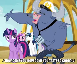 Size: 599x500 | Tagged: safe, derpibooru import, edit, edited screencap, screencap, iron will, princess cadance, shining armor, twilight sparkle, twilight sparkle (alicorn), twilight velvet, alicorn, pony, unicorn, once upon a zeppelin, airship, brown sugar (song), caption, cropped, image macro, microphone, rolling stones, song reference, text, the rolling stones, zeppelin