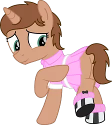 Size: 1981x2207 | Tagged: safe, artist:peternators, derpibooru import, oc, oc:heroic armour, unofficial characters only, pony, unicorn, alternate hairstyle, clothes, colt, crossdressing, dress, fake eyelashes, femboy, male, shoes, socks, teenager