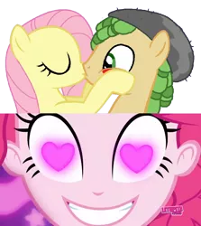 Size: 852x955 | Tagged: safe, artist:mlpfan3991, derpibooru import, edit, edited screencap, screencap, fluttershy, pinkie pie, sandalwood, ponified, pony, coinky-dink world, eqg summertime shorts, equestria girls, equestria girls ponified, female, male, meme, pinkie's eyes, sandalshy, shipping, shipping domino, straight