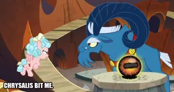 Size: 698x372 | Tagged: safe, derpibooru import, edit, edited screencap, screencap, cozy glow, grogar, pegasus, pony, sheep, frenemies (episode), biting, bitten, bow, butt, caption, cozy glutes, cozybuse, crystal ball, female, filly, flying, grogar is not amused, grogar's orb, hair bow, image macro, implied queen chrysalis, male, plot, ram, text