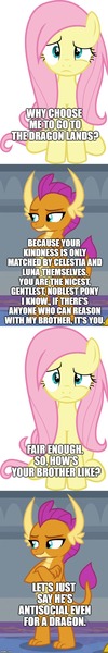 Size: 500x2990 | Tagged: safe, derpibooru import, edit, edited screencap, screencap, fluttershy, smolder, dragon, pegasus, pony, comic:the epilogue, sweet and smoky, caption, comic, dragoness, duo, fanfic art, female, image macro, implied princess celestia, implied princess luna, mare, screencap comic, text