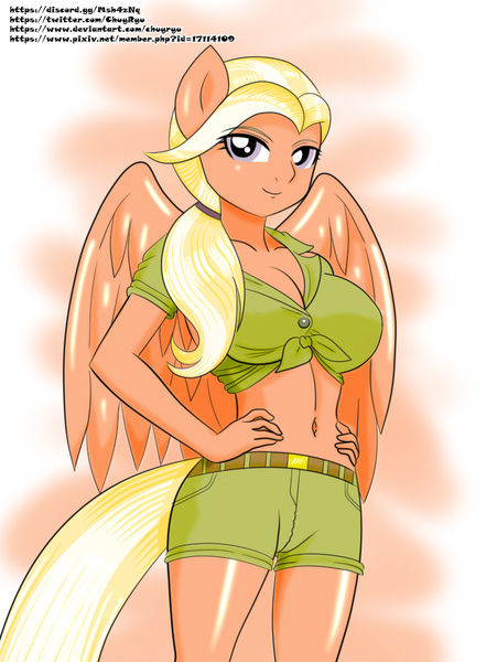 Size: 752x1000 | Tagged: adorasexy, anthro, artist:chuyryu, breasts, busty mane allgood, clothes, cute, derpibooru import, female, gradient background, mane allgood, milf, pegasus, safe, scootaloo's mom, sexy, shorts, solo, the last crusade
