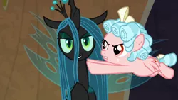 Size: 1920x1080 | Tagged: safe, derpibooru import, screencap, cozy glow, queen chrysalis, changeling, changeling queen, pegasus, pony, frenemies (episode), cozy glow is not amused, duo, female, filly, foal
