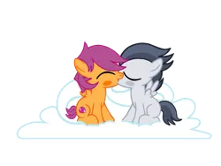 Size: 1024x768 | Tagged: safe, artist:turnaboutart, derpibooru import, rumble, scootaloo, pegasus, pony, blushing, cloud, colt, cutie mark, female, gay, half r63 shipping, kissing, male, rule 63, rumbloo, rumbloo (gay), scooteroll, shipping, straight, the cmc's cutie marks