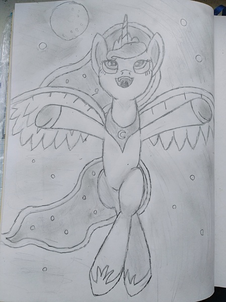 Size: 3016x4032 | Tagged: safe, artist:zeka10000, derpibooru import, princess luna, pony, drawing, flying, happy, happy face, looking up, moon, night, night sky, notebook, pencil drawing, sketch, sky, stars, traditional art, wondering