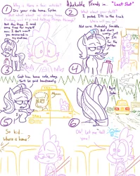 Size: 1280x1611 | Tagged: safe, artist:adorkabletwilightandfriends, derpibooru import, spike, starlight glimmer, oc, dragon, pony, unicorn, comic:adorkable twilight and friends, adorkable, adorkable friends, car, comic, cute, dork, emotion, feelings, feels, forest, idea, lightbulb, lineart, love, magic, motel, reflection, relationship, sad, suitcase, taxi, upset, window