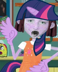 Size: 473x581 | Tagged: safe, derpibooru import, twilight sparkle, twilight sparkle (alicorn), alicorn, pony, angela anaconda, clothes, cosplay, costume, hand wings, nightmare fuel, open mouth, shitposting