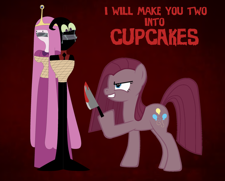 Size: 2960x2384 | Tagged: semi-grimdark, artist:nathaniel hansen, derpibooru import, pinkie pie, earth pony, pony, fanfic:cupcakes, adventure time, blood, crossover, crying, cupcake, food, horror, insanity, knife, nergal, pinkamena diane pie, princess bubblegum, red background, simple background, the grim adventures of billy and mandy, tied up