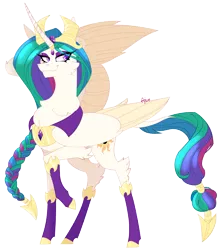 Size: 2224x2520 | Tagged: safe, artist:ajue, deleted from derpibooru, derpibooru import, idw, princess celestia, alicorn, pony, boots, braid, clothes, evil celestia, female, hair accessory, high res, horn, horn ring, jewelry, leonine tail, mare, mirror universe, raised hoof, redesign, regalia, ring, shoes, smiling, smirk, solo