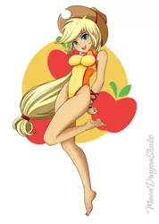 Size: 900x1265 | Tagged: safe, artist:silver-wingx, derpibooru import, applejack, equestria girls, adorasexy, barefoot, breasts, busty applejack, clothes, cowboy hat, cute, cutie mark background, feet, female, freckles, hat, one-piece swimsuit, open mouth, sexy, solo, stetson, stupid sexy applejack, swimsuit