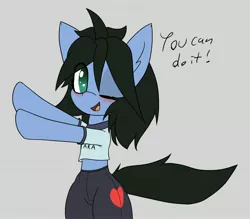 Size: 3000x2629 | Tagged: safe, artist:an-m, artist:exxie, derpibooru import, oc, oc:reflect decrypt, unofficial characters only, pony, bike shorts, bipedal, clothes, dialogue, female, heart, mare, one eye closed, shirt, solo, wink