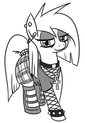 Size: 605x875 | Tagged: safe, artist:jargon scott, derpibooru import, oc, oc:nada phase, unofficial characters only, earth pony, pony, ankh, boots, clothes, ear piercing, eyeshadow, female, fishnets, goth, grayscale, jewelry, lidded eyes, looking at you, makeup, mare, monochrome, necklace, piercing, shoes, simple background, smiling, solo, white background