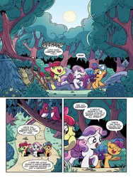 Size: 768x1024 | Tagged: safe, artist:brendahickey, derpibooru import, idw, apple bloom, scootaloo, sweetie belle, bird, earth pony, pegasus, pony, unicorn, spirit of the forest, spoiler:comic, spoiler:comicspiritoftheforest01, bag, baseball cap, camping, cap, comic, cutie mark crusaders, female, filly, foal, forest, hat, official comic, preview, raised hoof, saddle bag, speech bubble, whitetail woods
