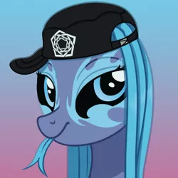 Size: 466x466 | Tagged: safe, artist:crystalightrocket, derpibooru import, oc, oc:aster the powerliquid, original species, pony, black sclera, bust, cap, female, forked tongue, hat, looking at you, mare, markings, not luna, portrait, simple background, tongue out