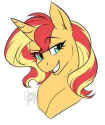 Size: 629x750 | Tagged: safe, artist:its-gloomy, derpibooru import, sunset shimmer, pony, unicorn, bust, cute, ear fluff, eye clipping through hair, female, mare, portrait, shimmerbetes, simple background, smiling, solo, transparent background