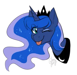 Size: 767x750 | Tagged: safe, artist:its-gloomy, derpibooru import, princess luna, pony, :p, bust, crown, cute, eye clipping through hair, female, jewelry, lunabetes, mare, one eye closed, peytral, portrait, regalia, simple background, solo, tongue out, transparent background, wink